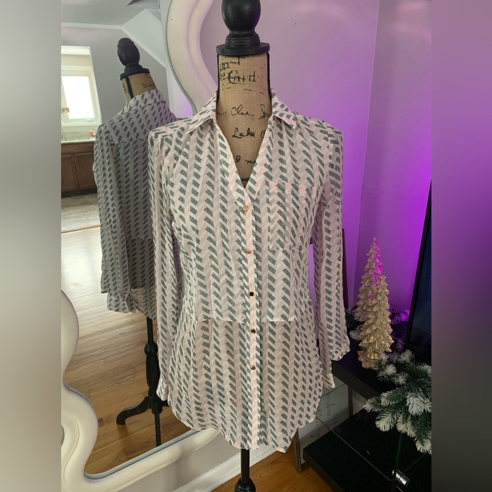 Euc White And Blue Patterned Button-Up Blouse - image 1